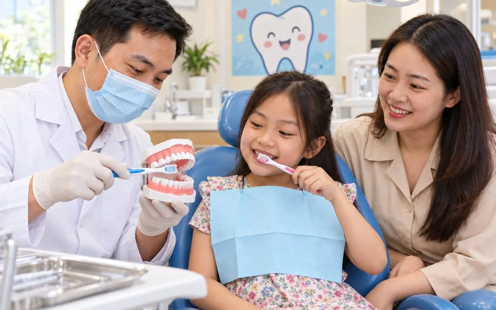 Minh họa bác sĩ dùng mô hình hàm răng hướng dẫn bé gái cách chải răng, mẹ ngồi bên cạnh