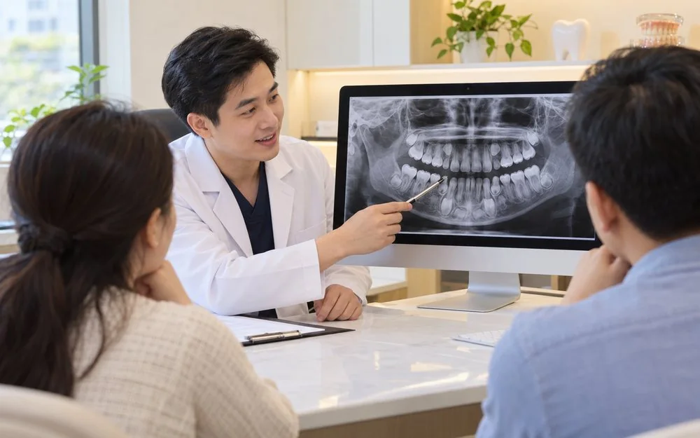 Minh họa bác sĩ giải thích phác đồ niềng răng cho bố mẹ qua phim chụp răng