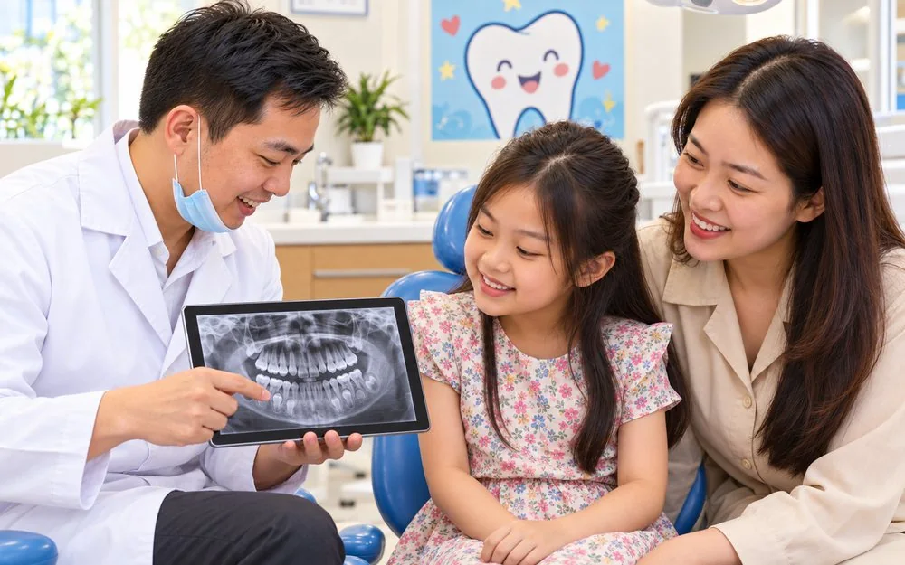 Minh họa bác sĩ giải thích phim X-quang răng của bé cho mẹ và bé qua máy tính bảng