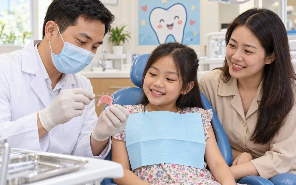 Minh họa bác sĩ kiểm tra và điều chỉnh khí cụ niềng răng trong buổi tái khám, bé và mẹ ngồi bên cạnh