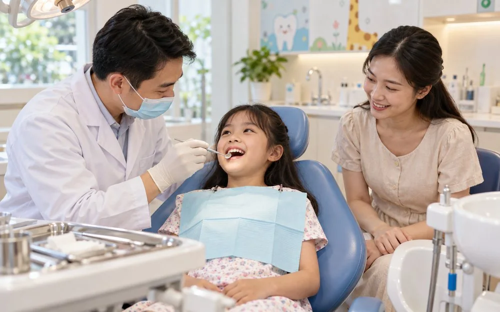 Minh họa bác sĩ thăm khám răng cho bé, mẹ ngồi bên cạnh