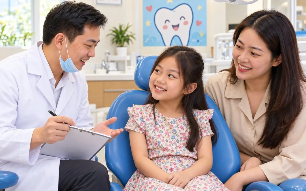 Minh họa bác sĩ trò chuyện, hỏi về thói quen của bé trước khi khám, mẹ ngồi bên cạnh