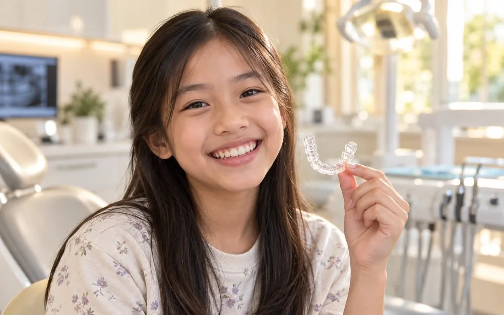 Minh họa bé cười tươi cầm hàm duy trì sau khi hoàn thành niềng răng