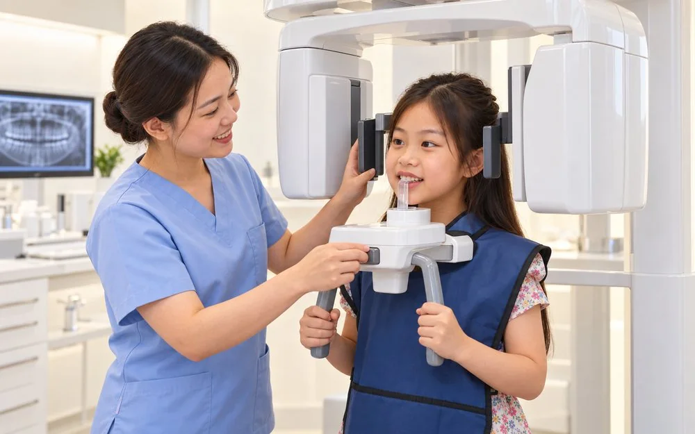 Minh họa bé gái được chụp phim X-quang răng, nhân viên nha khoa hướng dẫn