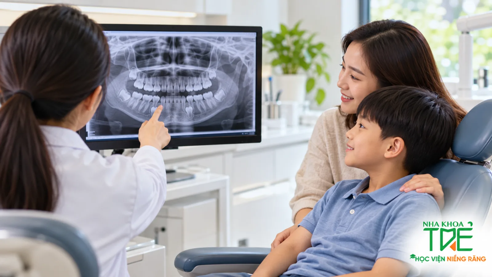 Bác sĩ giải thích chụp X-quang răng cho trẻ toàn cảnh cho mẹ và bé trước khi lập kế hoạch chỉnh nha