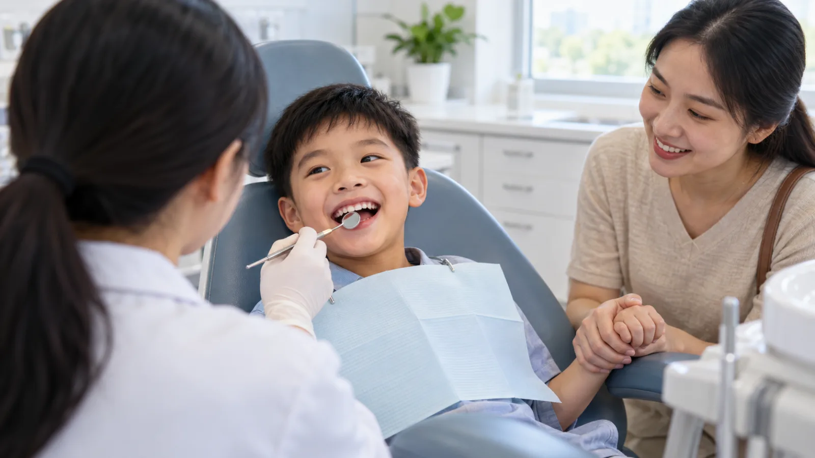 Bác sĩ khám răng cho bé để xác định dấu hiệu trẻ cần niềng răng hay chỉ cần theo dõi