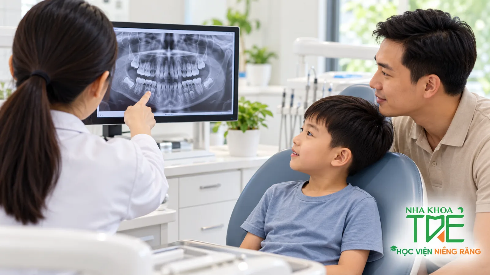 Bác sĩ xem phim X-quang để phân biệt răng móm do răng hay do xương hàm