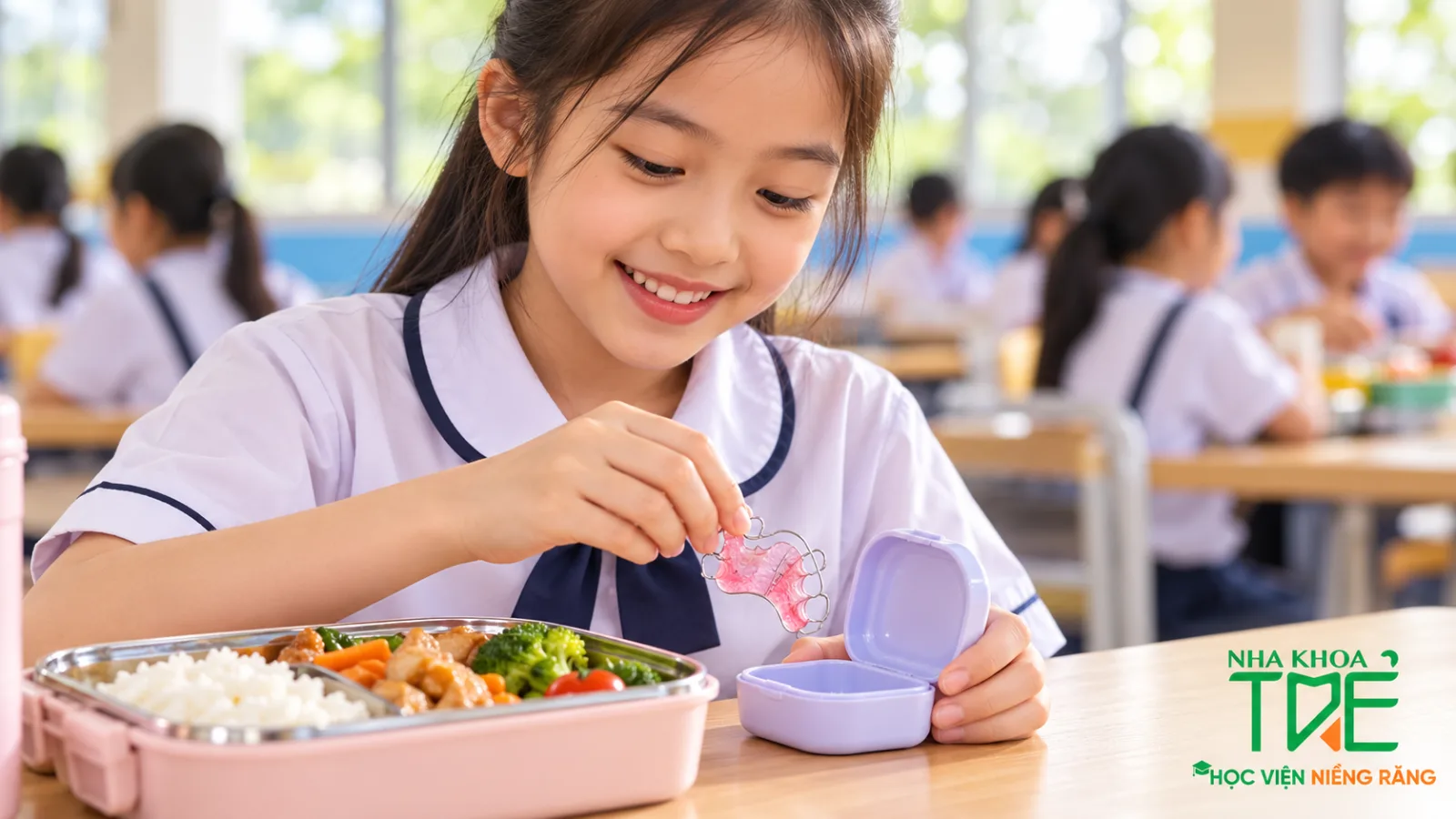 Bé gái cất khí cụ tháo lắp vào hộp trước khi ăn ở trường để tránh làm mất