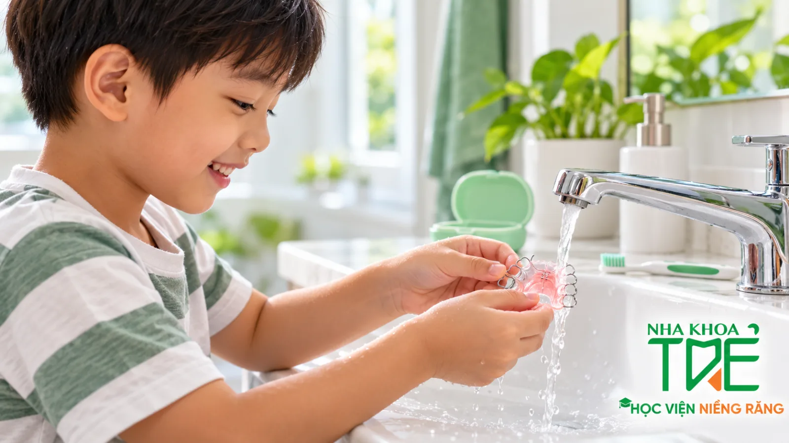 Bé trai tự vệ sinh khí cụ tháo lắp, một phương pháp niềng răng cho trẻ đang thay răng