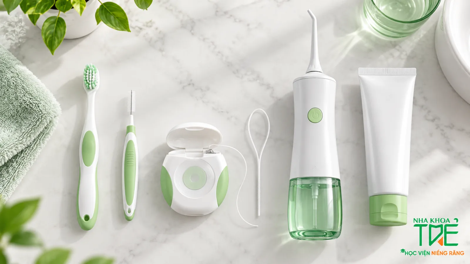 Bộ dụng cụ vệ sinh răng khi niềng: bàn chải mềm, bàn chải kẽ, chỉ nha khoa, máy tăm nước