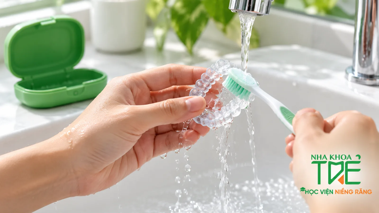 Chải hàm duy trì bằng bàn chải mềm và nước mát, cất vào hộp khi không đeo