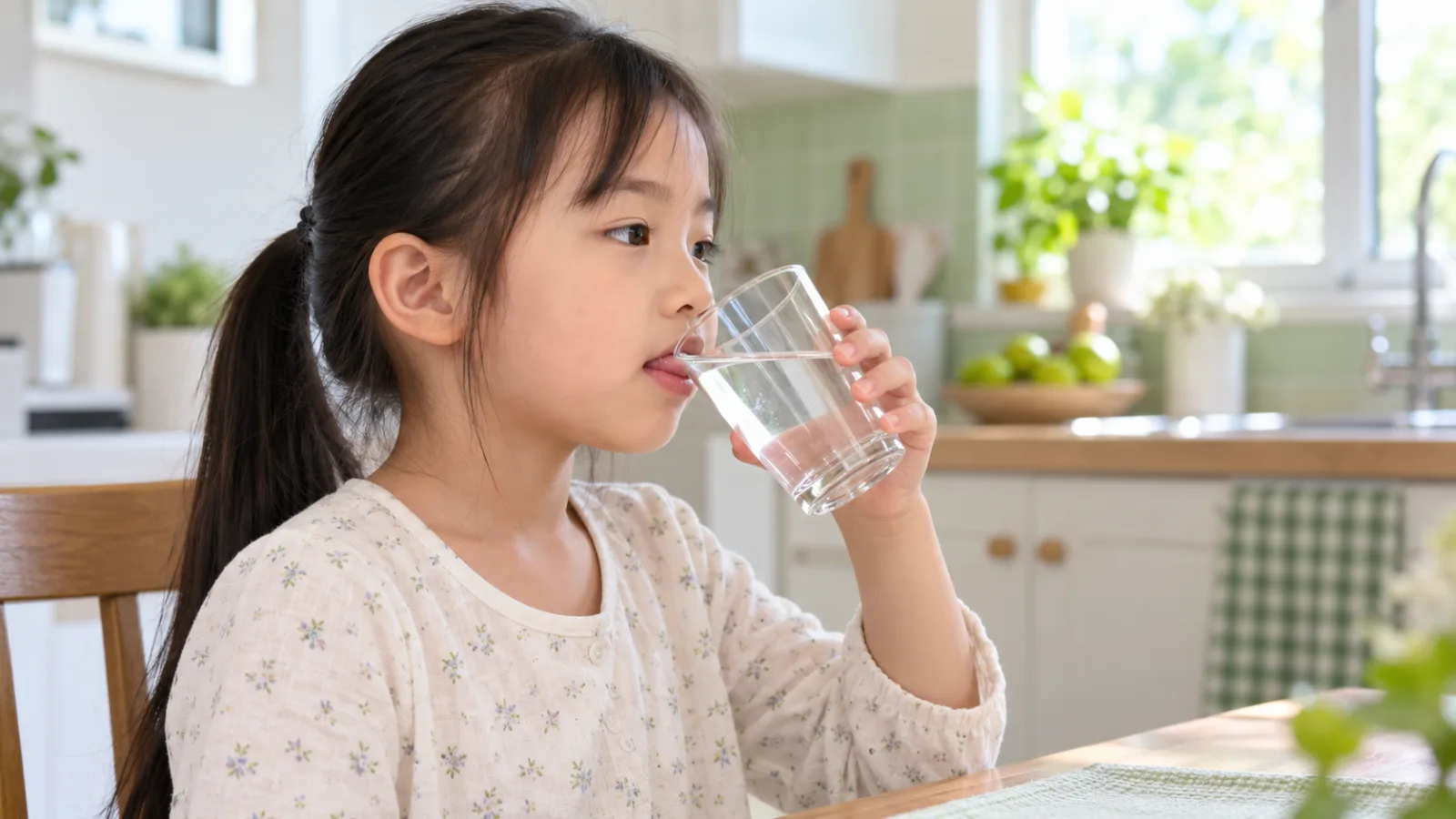 Bé gái đẩy lưỡi ra trước khi nuốt nước, dấu hiệu đẩy lưỡi ở trẻ