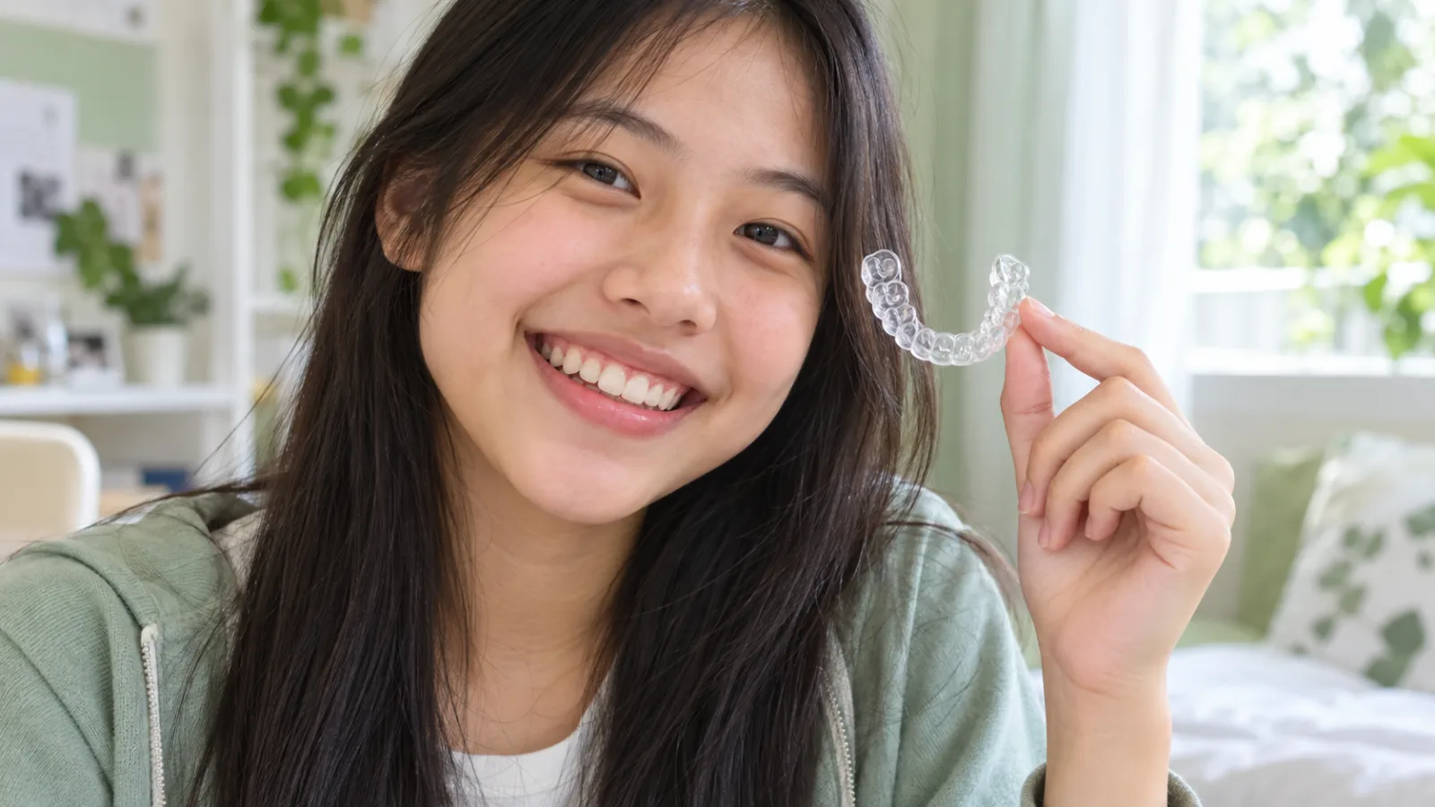 Bé gái vừa tháo niềng cầm hàm duy trì sau niềng bằng nhựa trong