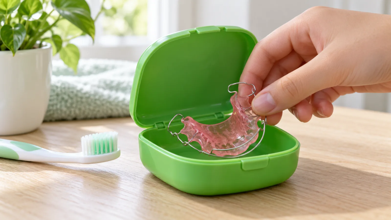 Khí cụ tháo lắp cho trẻ được cất vào hộp đựng khi không đeo