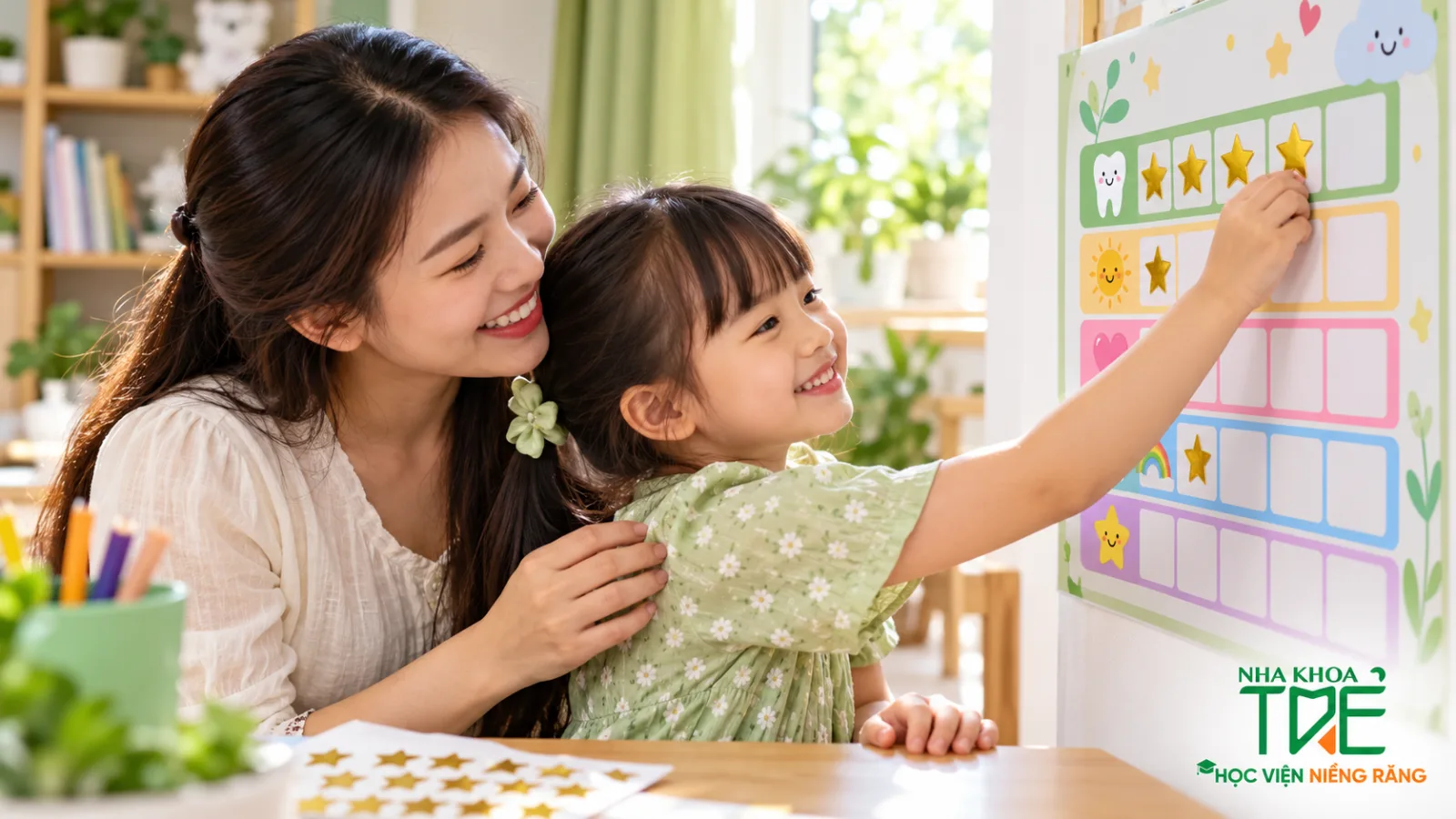 Mẹ khen thưởng bằng bảng dán sao để giúp trẻ bỏ mút tay