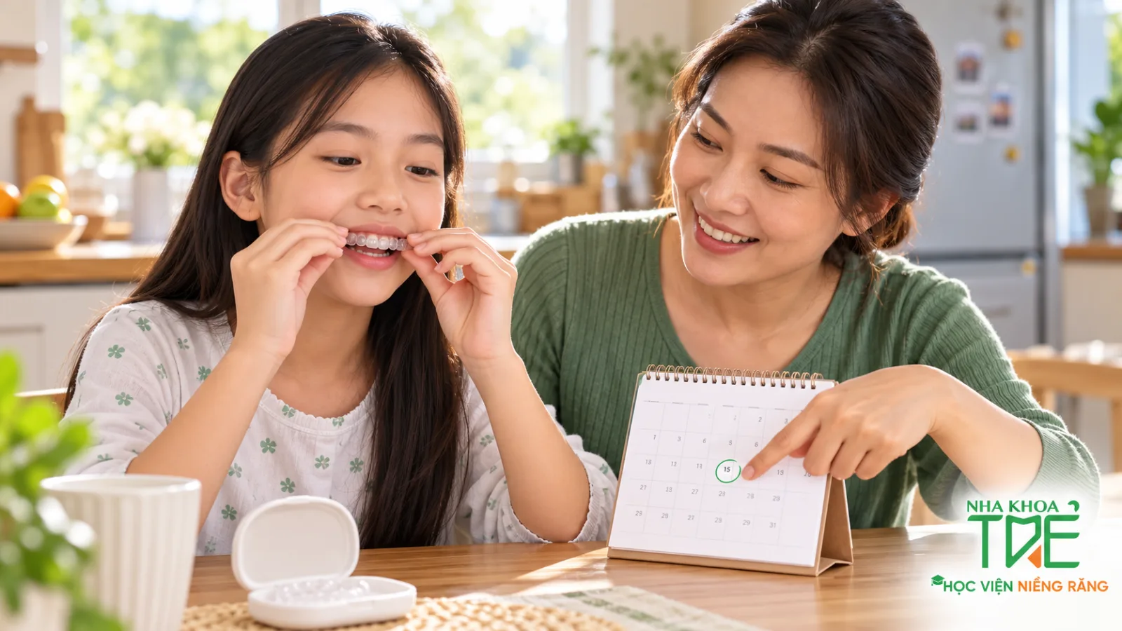 Mẹ nhắc bé đeo và thay khay niềng trong suốt đúng lịch