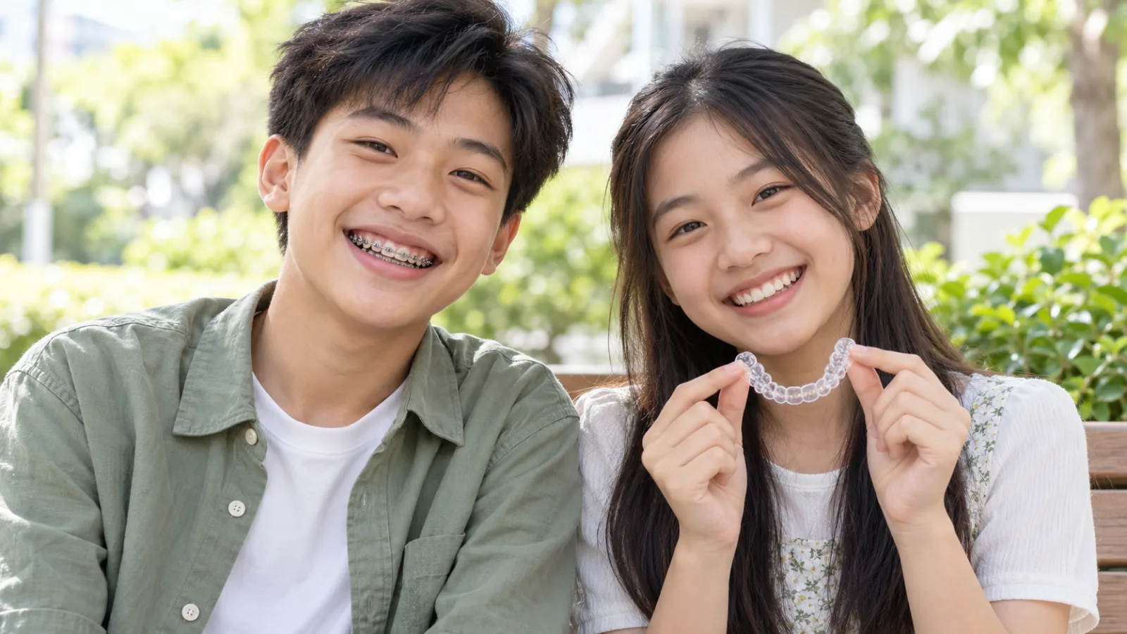 Niềng răng trong suốt cho trẻ hay mắc cài: bé trai đeo mắc cài và bé gái cầm khay trong suốt