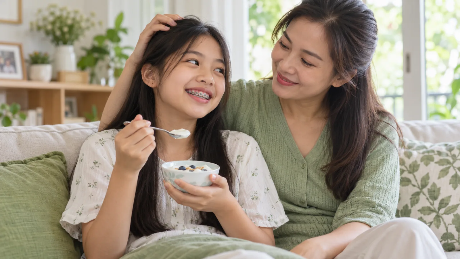 Bé gái mới niềng răng ăn sữa chua mát cho dễ chịu, trẻ niềng răng có đau không