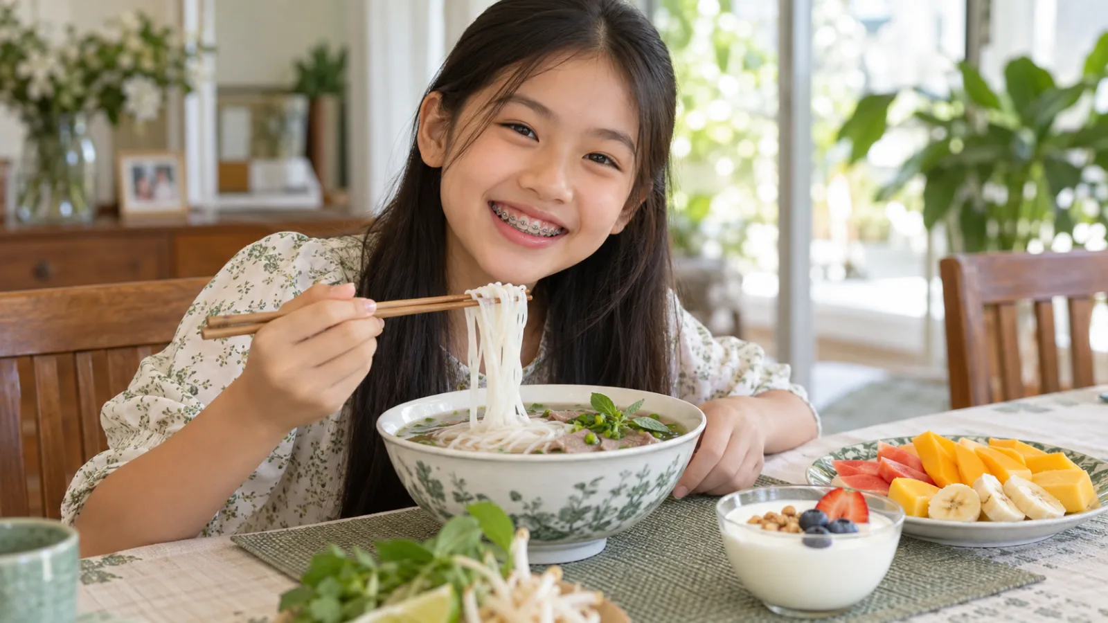 Bé gái niềng răng ăn phở mềm, món phù hợp khi trẻ niềng răng nên ăn gì