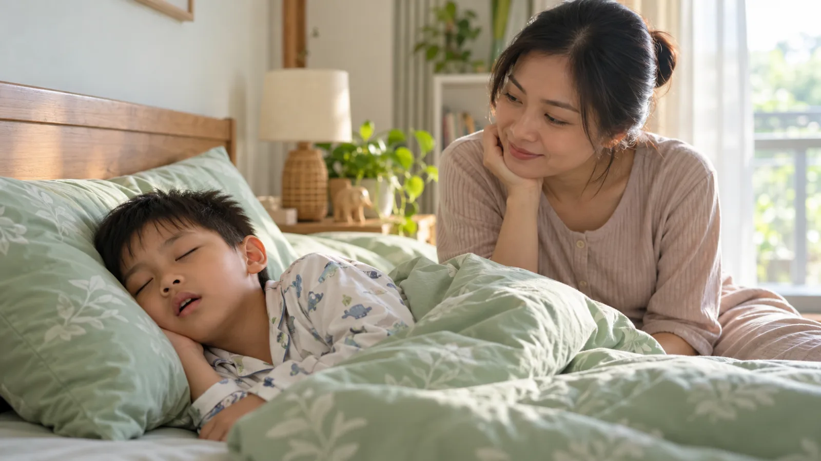 Trẻ thở bằng miệng khi ngủ, môi hé mở, mẹ ngồi bên quan sát