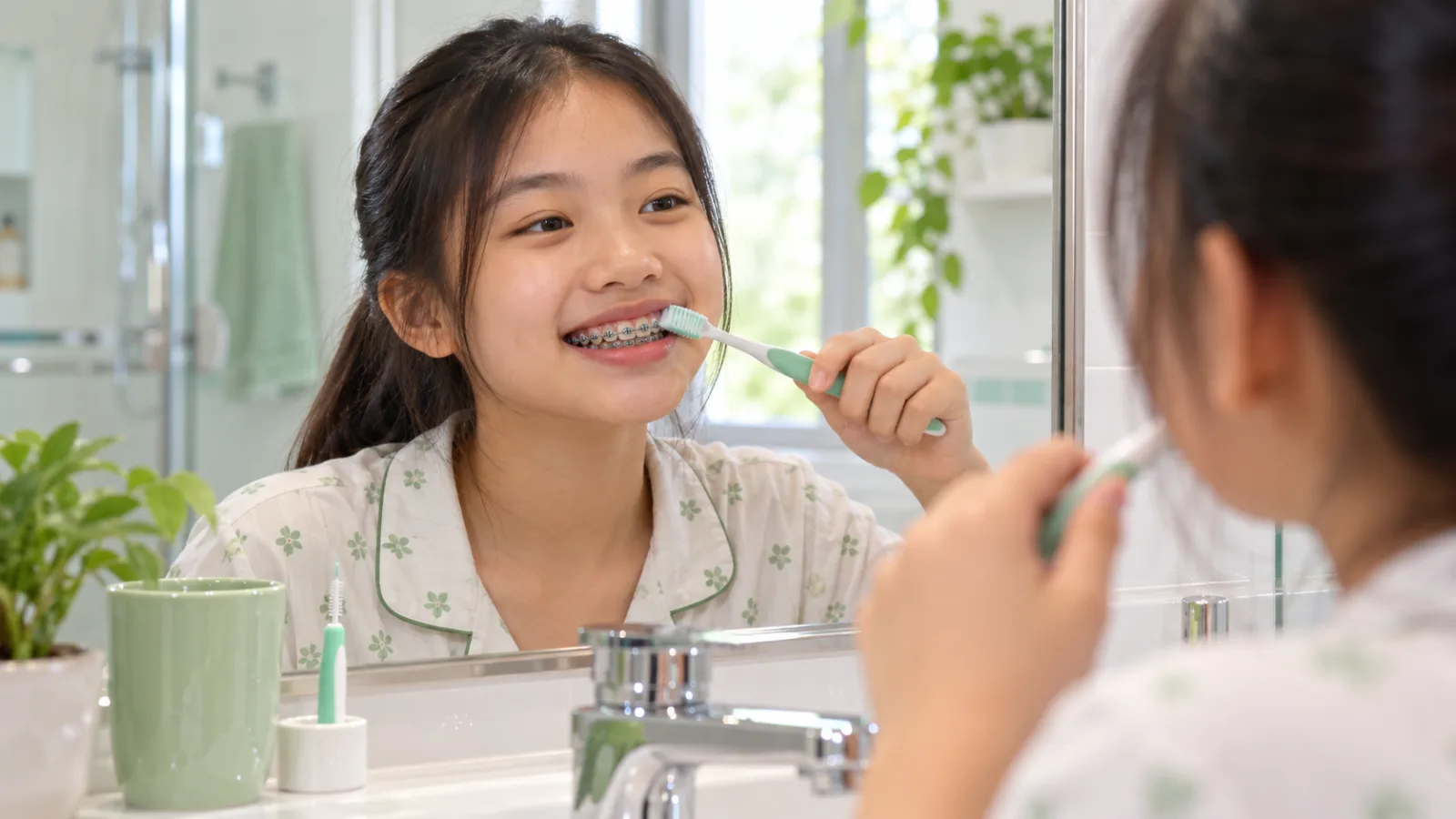 Bé gái đeo mắc cài chải răng đúng cách, vệ sinh răng khi niềng